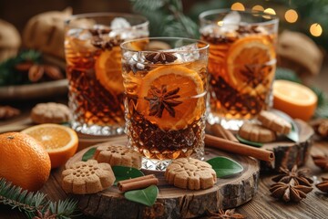 Mulled wine with orange and cinnamon in glasses and metal mugs, served with cookies on white