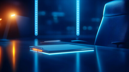 Poster - A sleek laptop on a modern desk with ambient blue lighting in a stylish office environment.