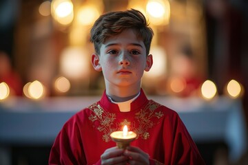 Young Boy in Red Robe Holding a Lit Candle