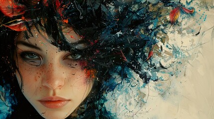 Wall Mural - Abstract Portrait of a Woman with Blue Eyes