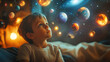© EEKONG - curious child in space themed bedroom gazes at floating planets and stars, filled with wonder and imagination. room is softly lit, creating dreamy atmosphere