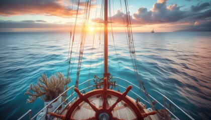 Wall Mural - Underwater world featuring colorful coral and vibrant fish beneath a sailing boat on the surface