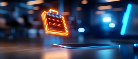 Poster - Digital clipboard icon displayed above a tablet with a blurred modern workspace in the background.