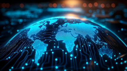 Poster - Digital globe network with blue light representing connectivity and data exchange.
