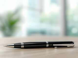 Elegant black pen on wooden table with blurred background.