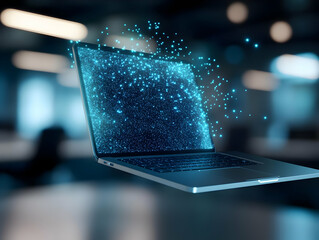 Poster - Floating laptop with glowing particles, futuristic technology concept, white isolate background.