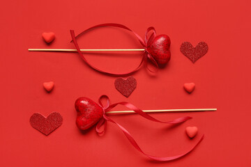 Wall Mural - Composition with different hearts for Valentine's Day on red background