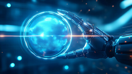 Poster - Futuristic robotic hand holding a glowing blue orb, digital effect, advanced technology background, innovation concept.