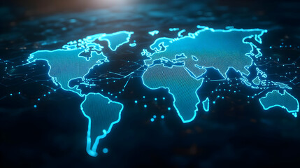 Poster - Glowing world map on digital background representing global connections and technology.