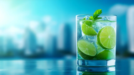 Refreshing lime drink in glass with mint, perfect for summer days.