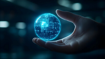 Poster - Hand holding a glowing digital globe with network patterns, conveying innovation and connectivity.
