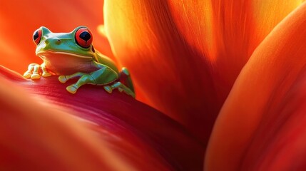 Sticker - Red-Eyed Tree Frog on Orange Flower Petal