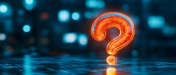 Wall Mural - Illuminated question mark symbol on a reflective surface with a blurred techy background.