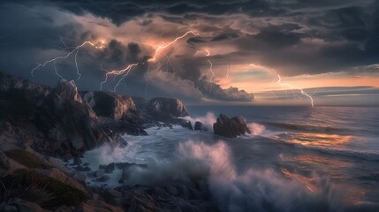 lightning illuminating the rocky coastline during a fierce storm, with crashing waves and dramatic clouds