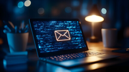 Poster - Laptop with email icon on screen illuminated in a dark room, viewed at night, modern workspace setup.
