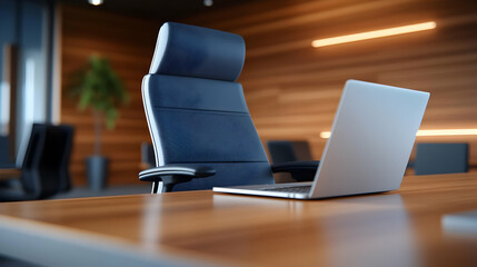 Poster - Modern office workspace with a laptop and ergonomic chair on a wooden desk.