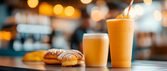 Two refreshing orange beverages, one chilled and one frothy, alongside delicious pastries on a table.