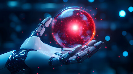 Poster - Robotic hand holding a glowing red sphere, futuristic design, digital art.