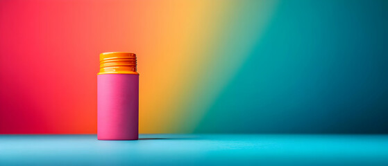 Poster - Vibrant color gradient with a bright pink and orange bottle on a teal background, creating a modern aesthetic.