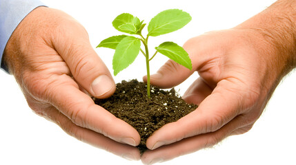 Hands holding small succulent plant in soil
