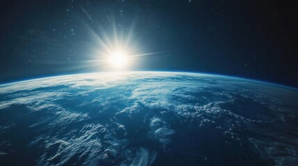 Wall Mural - earth atmosphere glowing faintly in space, with its blue surface and swirling clouds illuminated by 
