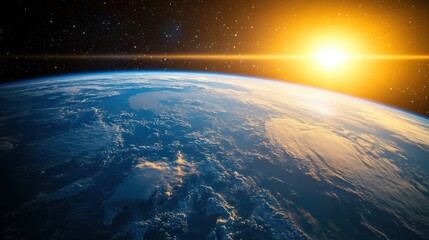 Wall Mural - earth atmosphere glowing in the sunlight, with the planet blue and green surface stretching below