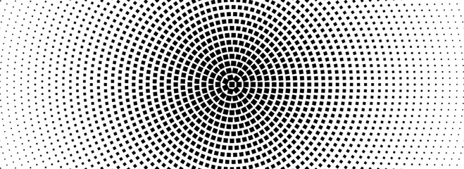 Poster - Halftone concentric dotted background. Square dots comic gradient texture. Radial fading gradation wallpaper. Black and white rough gritty overlay. Grunge circular pop art monochrome backdrop. Vector
