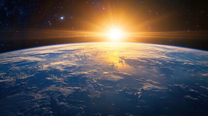 Wall Mural - earth surface glowing brightly from space, with the sun casting light over the oceans, land, and clo