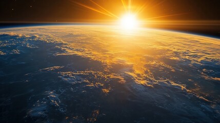 Wall Mural - earth surface glowing brightly from space, with the sun casting light over the oceans, land, and clo