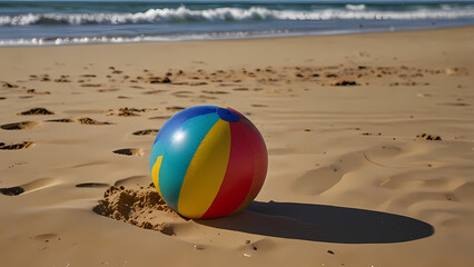 a colorful beach ball resting on soft, golden beach sand