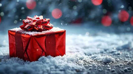 Poster - A vibrant red gift box, carefully decorated with a shiny bow, lies nestled in fresh snow, surrounded by a festive atmosphere of glowing lights and seasonal cheer.
