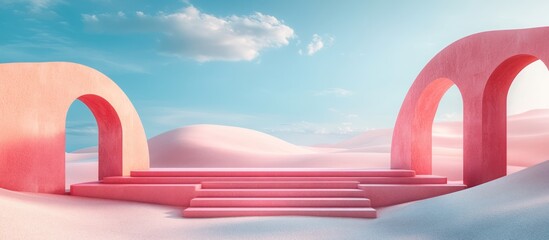 Wall Mural - Minimalist pink archway with steps in a desert landscape.