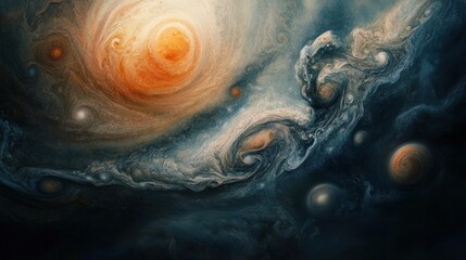 Wall Mural - jupiter northern hemisphere, with swirling clouds and large storm systems visible in the vibrant, tu