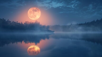 Wall Mural - full moon glows over a misty lake surrounded by dark trees, creating a serene and enchanting atmosph