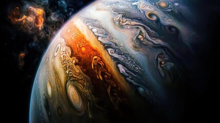 Wall Mural - jupiter swirling cloud systems seen from space, with the planet vibrant colors and massive storm sys