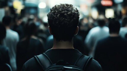 Man with backpack standing in crowded urban street, facing away, representing solitude or individuality in a bustling environment.