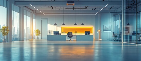 Poster - Modern office interior with large windows and a city skyline view.