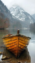 Wall Mural - Tranquil Lake with Wooden Boat and Mountain Views