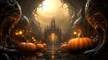 Wall Mural - Halloween in sci-fi gothic style, a dark fantasy realm, orange pumpkins, evil creatures, modern surrealistic ambience, futuristic mysterious atmosphere. Unique background for invitation card, banner. 