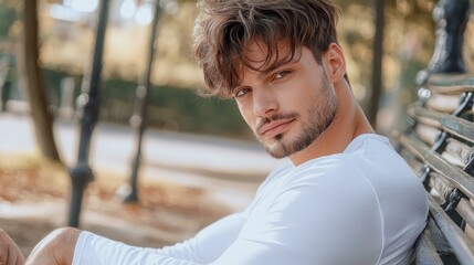 A fit young man with a smirk sits on a bench at the beach, showcasing sunny vibes in a casual white tee and relaxed style.