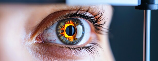 Closeup of a patients eye being examined with a slit lamp during an eye checkup, vision health, eye care