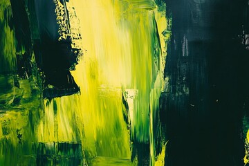 Poster - Vibrant abstract artwork featuring energetic green and yellow brushstrokes on a textured canvas at an art studio. Generative AI