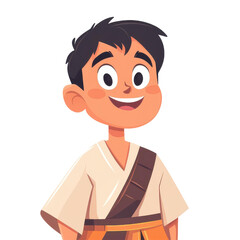 Wall Mural - A cheerful rural young man in traditional attire, with a playful head tilt, watching with a charming smile in a vibrant cartoon style.