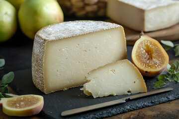 Wall Mural - A Round of Creamy Cheese with a Slice and a Fig