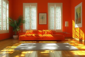 Poster - Bright orange living room with large windows and minimalistic decor during daylight hours. Generative AI