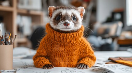 A cute ferret wearing an orange sweater sits at a desk, looking at the camera.