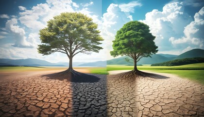 Wall Mural - stunning contrast of barren drought-stricken land and lush vibrant nature divided by a flourishing tree, showcasing a striking oasis landscape