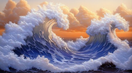 Wall Mural - Majestic Ocean Waves Crashing Against Each Other at Sunset Creating a Dreamlike Seascape with Vivid Colors and Dramatic Clouds