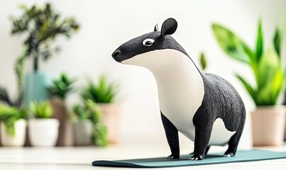 a black and white tapir figurine standing on a blue yoga mat in front of a blurred background of hou