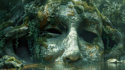 Sticker - Enchanted Forest: Stone Face Emerges from the Pond